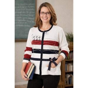 Storybook Knits Patriotic Cardigan Women's XL Sweater USA Rhinestone Cottagecore